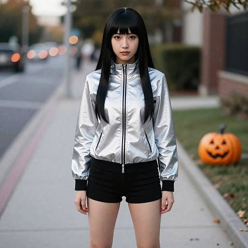 Asian woman with long black hair, silver jacket, black shorts, standing on suburban sidewalk, blurry background, orange Halloween pumpkin on right. Photograph.