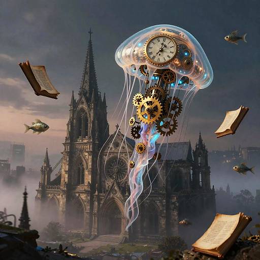 Clockwork Jellyfish Above Ruined Cathedral