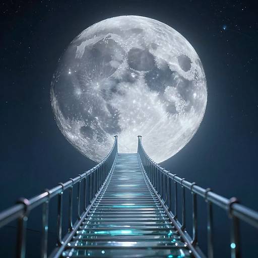 Photorealistic digital artwork of a metal bridge leading to a gigantic, glowing full moon in a starry night sky.