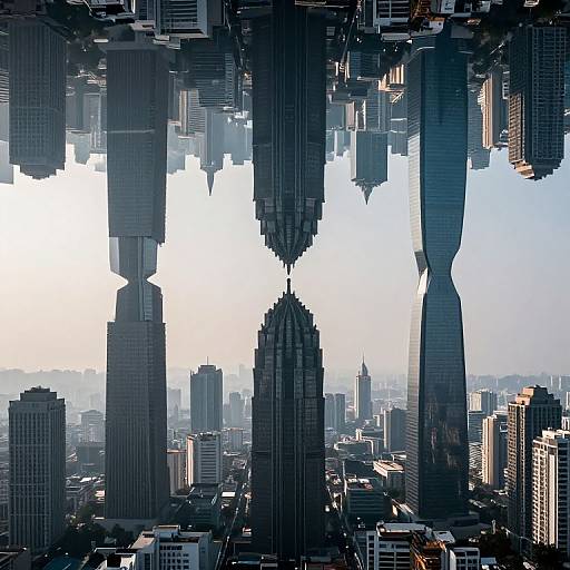 Photograph of a cityscape with mirrored, symmetrical skyscrapers creating a distorted reflection effect, capturing high-rise buildings and a hazy sky in
