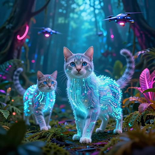 Bioluminescent AI Cats in Cyber Jungle