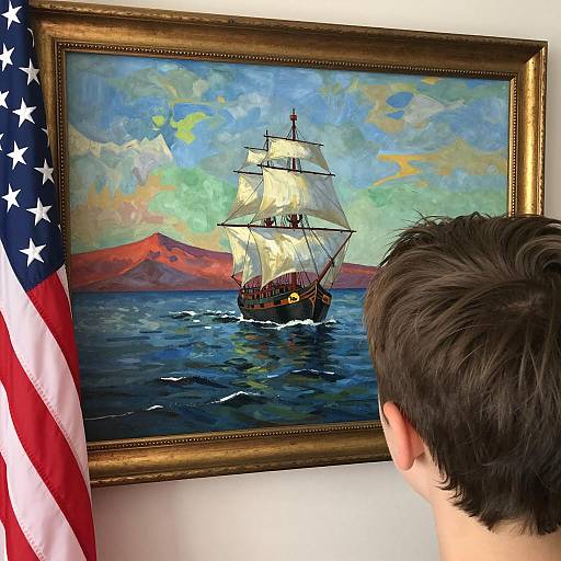 Boy Observing a Vibrant Landscape Painting