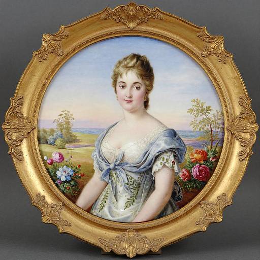 Classical portrait of a fair-skinned woman in an 18th-century blue gown, framed in an ornate gold oval frame, surrounded by vibrant