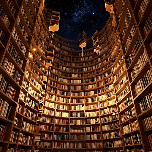 Photograph of a circular library with glowing bookshelves, illuminated by warm orange lights, against a dark starry night sky.