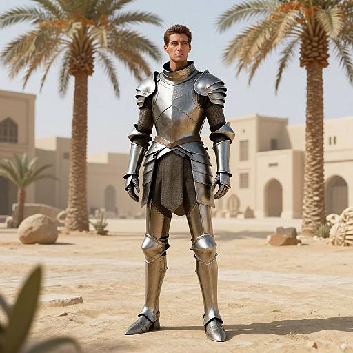 Photorealistic CGI of a young, Caucasian man in shiny silver medieval armor standing in a sunlit, desert oasis with palm trees and beige, ar