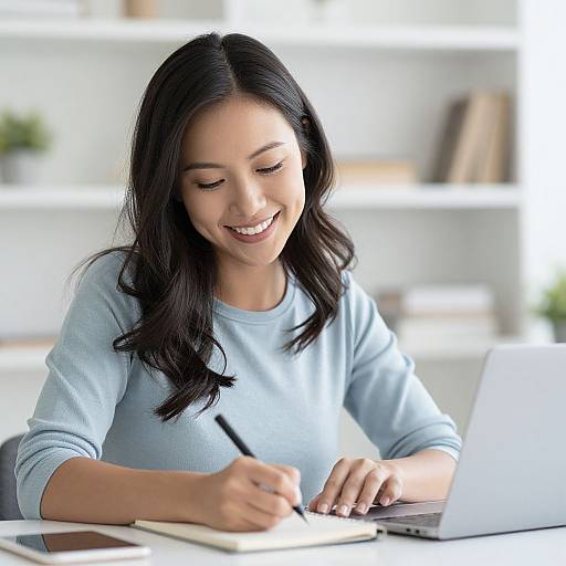 Smiling Woman Writing on Paper