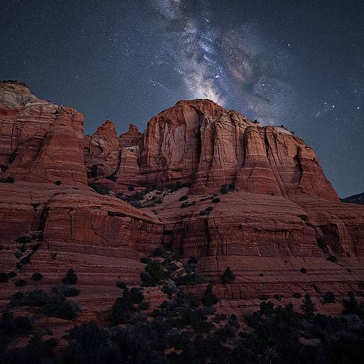 Photograph of a towering red rock formation under a star-filled night sky, with the Milky Way galaxy visible overhead.