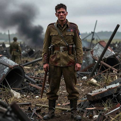 Weary Soldier on Bloodied Battlefield