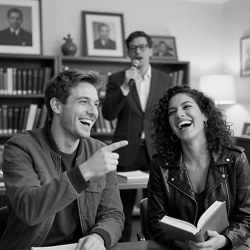 Laughing Friends in Library with Singing Man