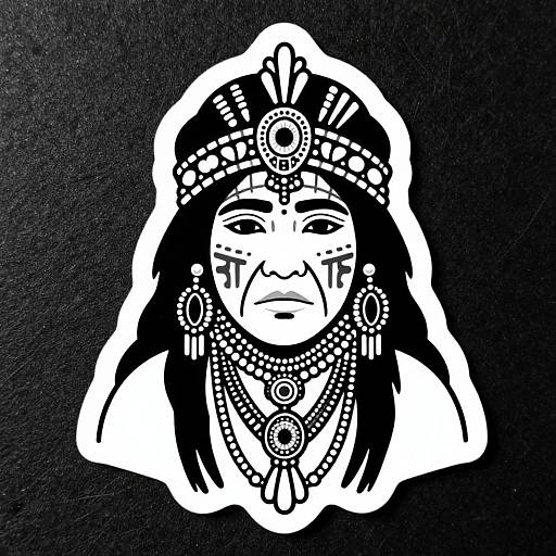 Black and white ink drawing of a Native American woman with intricate headdress, jewelry, and facial markings on a black background.
