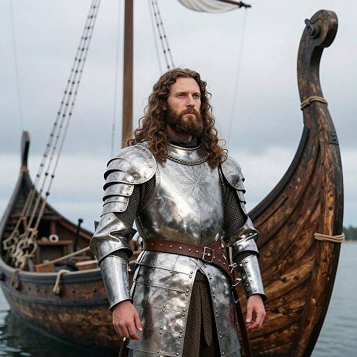 Photorealistic image of a bearded man with long brown hair in medieval silver armor, standing in front of a large wooden Viking ship on a cloudy