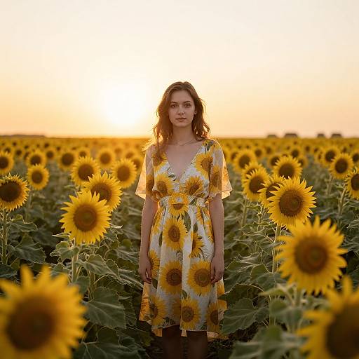 Photograph of a young woman with wavy brown hair, wearing a yellow sunflower-patterned dress, standing in a sunlit sunflower field at