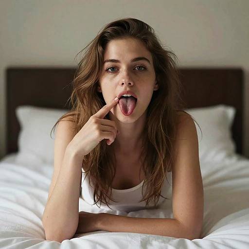 Photograph of a young woman with long brown hair, white tank top, lying on a bed, sticking out tongue, and touching it with finger.