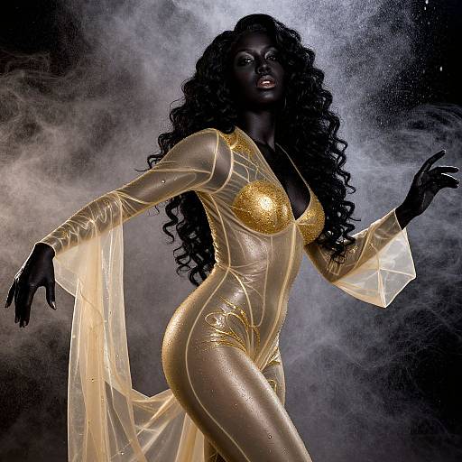 Photograph of a dark-skinned, curvy woman with long, curly hair wearing a shimmering, gold and transparent, long-sleeve dress