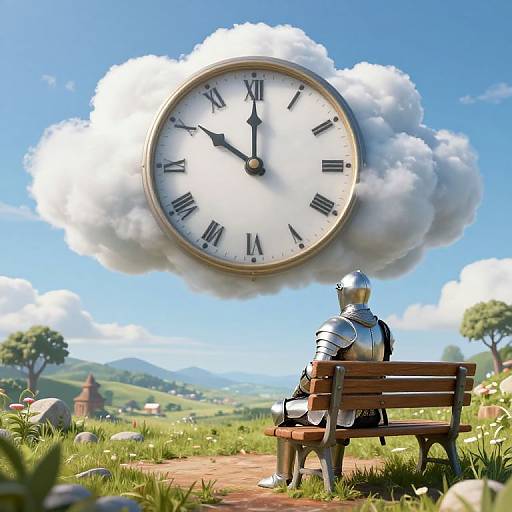 Digital artwork of an armored knight sitting on a wooden bench, gazing at a giant floating clock in a bright, sunny meadow.