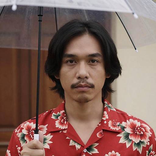 Asian Man with Umbrella in Floral Shirt
