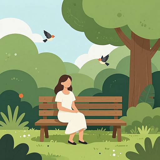 Digital illustration of a woman in a white dress sitting on a wooden bench in a lush green park, with three birds flying above.
