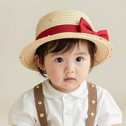 Photograph of a young Asian boy with fair skin, wearing a straw hat with a red bow, white shirt, and brown suspenders.