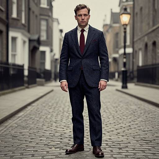 Photograph of a serious-looking man in a dark blue suit, white shirt, and red tie, standing on a cobblestone street in a narrow