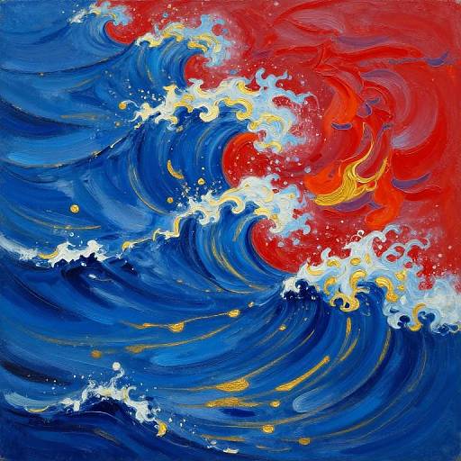 Vibrant abstract painting of crashing ocean waves, blending bold red, blue, and white with dynamic swirls and splashes of yellow.