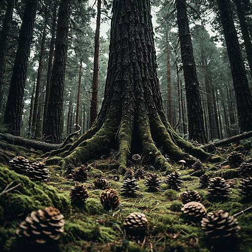 Mossy Pine Forest Floor with Pine Cones