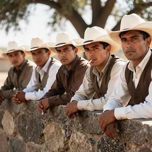 Cowboys with Intense Expressions by Stone Wall