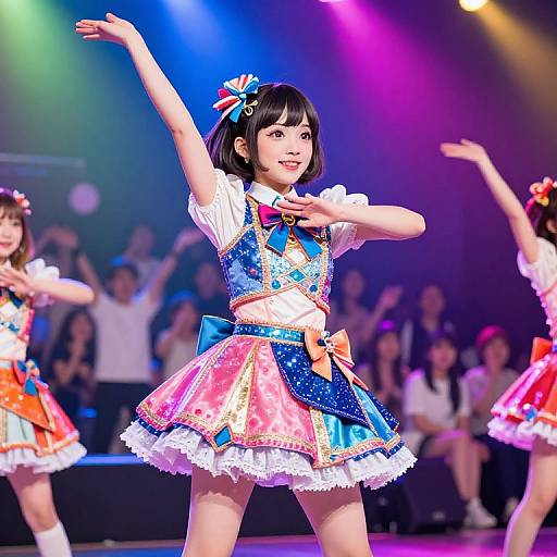 Photograph of a young Asian woman in a colorful, sparkly, frilled, and bow-adorned stage costume, dancing on a brightly lit