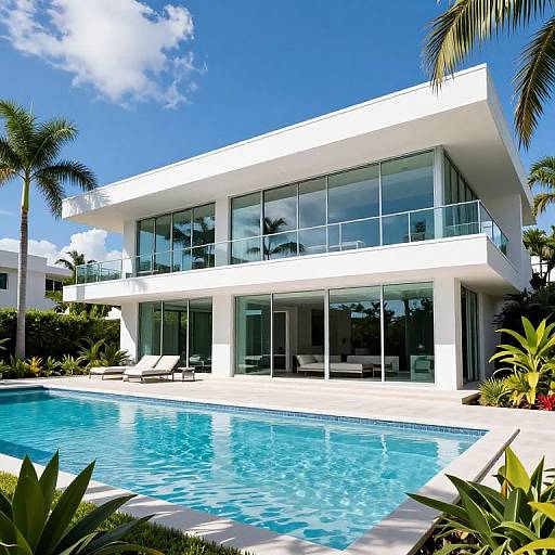 Photograph of modern white two-story house with large glass windows, reflecting blue sky, surrounded by a clear swimming pool and palm trees.
