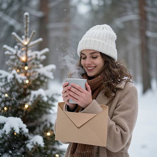 Photograph of smiling woman in white knit hat, brown scarf, beige coat, holding steaming cup from brown envelope, snowy forest background with decorated Christmas