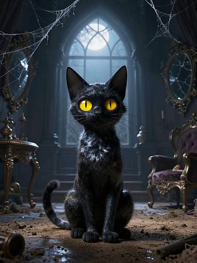 Mysterious black cat with glowing yellow eyes sits in a dimly lit, Gothic-style room with cobwebs, shattered glass, and ornate furniture.