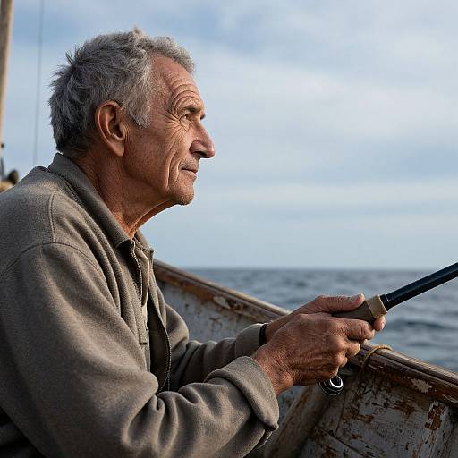 Photograph of an elderly man with gray hair, wearing a brown jacket, holding a fishing rod, sailing on a cloudy ocean.