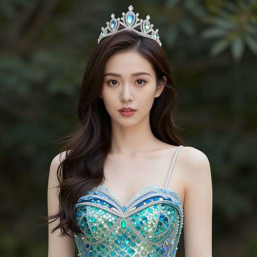 Photograph of a young Asian woman with long black hair, wearing a sparkling blue sequin dress and silver tiara, against a dark green leafy