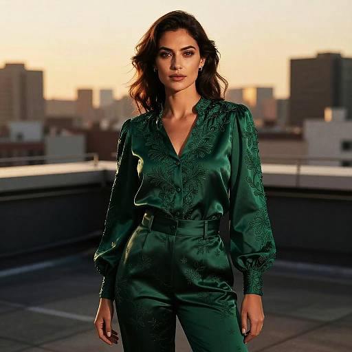 Confident Woman in Emerald Silk Outfit on Rooftop