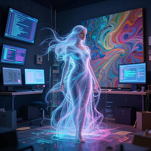 Digital art of a glowing, ethereal woman with flowing blue and pink neon lights in a dark, futuristic room with multiple monitors and a colorful abstract backdrop
