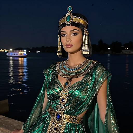 Photograph of a woman in an elaborate green and gold traditional Middle Eastern outfit with intricate jewelry, headpiece, and earrings, standing by a dark,