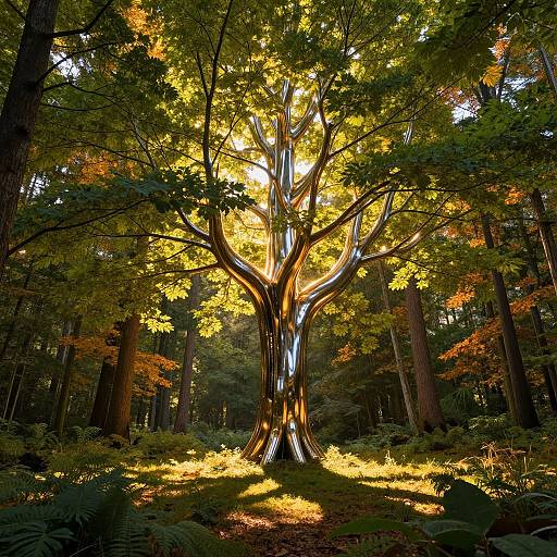 Photograph of a majestic tree with twisting, sunlit branches in a dense, autumnal forest, casting golden light on forest floor.