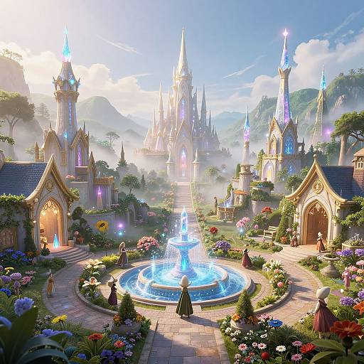 Digital fantasy artwork of a magical castle with glowing spires, a central glowing fountain, colorful flower gardens, and misty mountains.