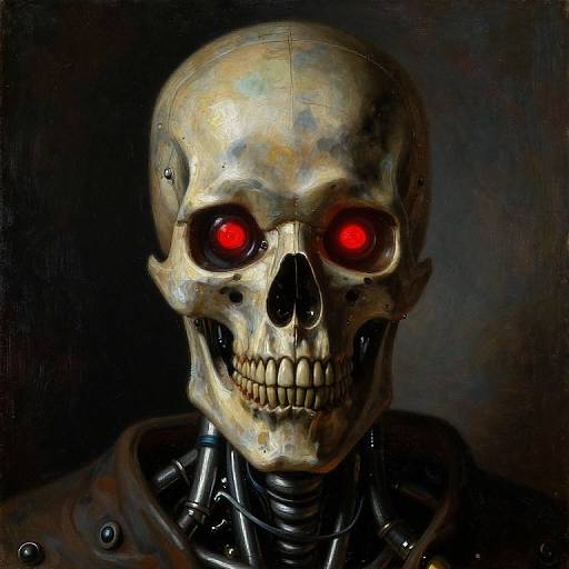 Digital artwork of a sinister, glowing red-eyed, weathered skull with metallic joints and dark background, evoking a robotic, undead appearance.