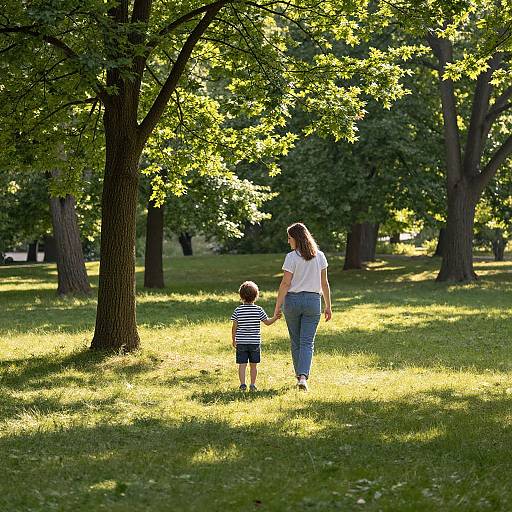Photograph: Mother with long brown hair in white shirt and blue jeans, holding hands with young boy in striped shirt, walking through sunlit, green