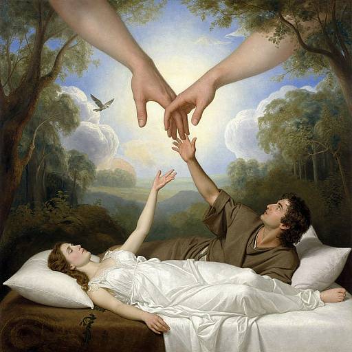 Dreamy painting of a woman in a white dress and a man in brown reaching for each other's hands against a sunny forest background.