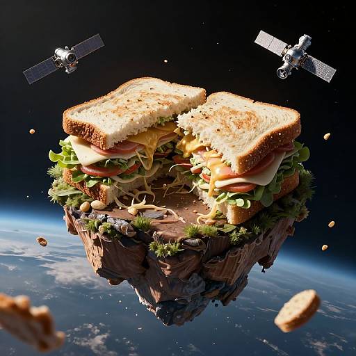 CGI image of a floating sandwich with lettuce, tomato, cheese, and turkey on toasted bread, surrounded by space, satellites, and Earth below.