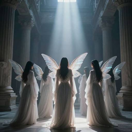 Digital art of seven angelic women with glowing white wings, standing in a dimly lit, columned hall, bathed in ethereal light from