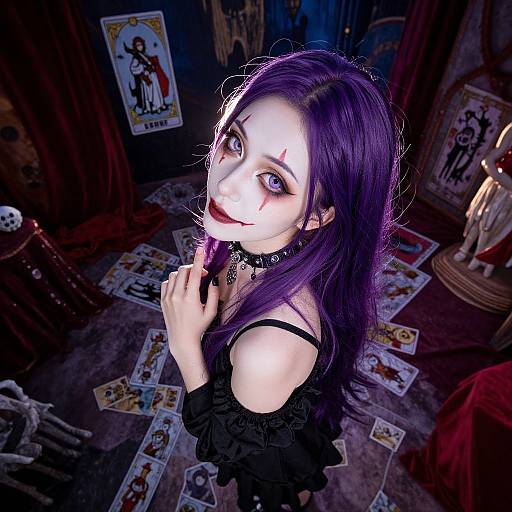 Purple-haired Clowncore Cosplayer with Tarot Cards
