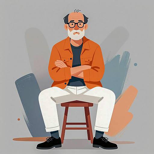 Serious Older Man Sitting on Stool