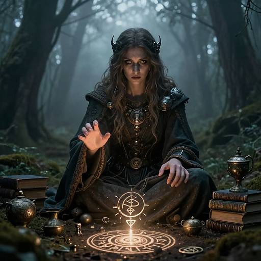 Digital fantasy artwork of a dark-haired, horned witch in a forest, casting a spell with glowing runes on the ground.