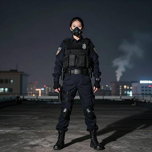 Nighttime Rooftop Female Police Officer