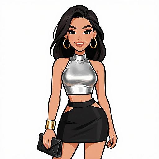 Digital illustration of a confident woman with dark hair, wearing a silver crop top, black mini skirt, gold hoop earrings, and bracelet, holding a black