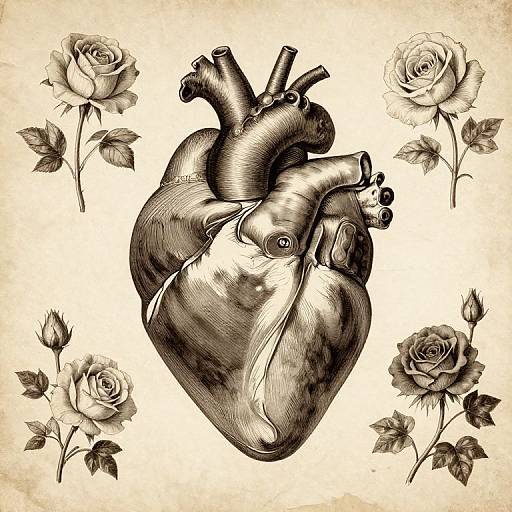 Ink drawing of a detailed, shaded human heart surrounded by four roses with leaves on a textured beige background.