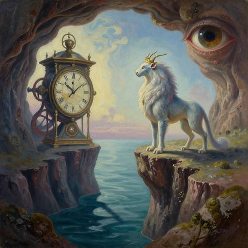 Fantasy painting: A clock stands on a cliff, opposite a white, horned mythical creature on another cliff, under a giant eye, with ocean