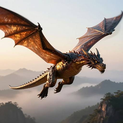 Photorealistic digital artwork of a majestic, golden-scaled dragon with large, translucent wings soaring over misty, mountainous landscape at sunrise.
